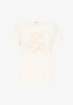 Hvid bomulds t-shirt med korte ærmer med et lys rosa leopardansigt-print på forsiden. Rund udskæring og afslappet pasform.