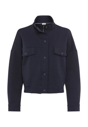 Veste bleu marine avec col montant, manches longues, boutons-pression à l'avant et deux poches poitrine à rabat avec fermetures à pression.