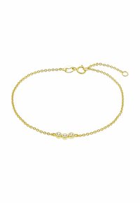 Bracciale a catena in oro delicato con tre piccole diamanti rotondi incastonati in inserti d'oro, dotato di chiusura a molla e maglie regolabili.