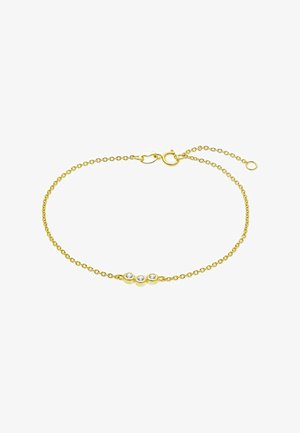 Bracciale a catena in oro delicato con tre piccole diamanti rotondi incastonati in inserti d'oro, dotato di chiusura a molla e maglie regolabili.