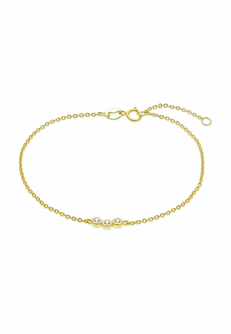 Bracciale a catena in oro delicato con tre piccole diamanti rotondi incastonati in inserti d'oro, dotato di chiusura a molla e maglie regolabili.