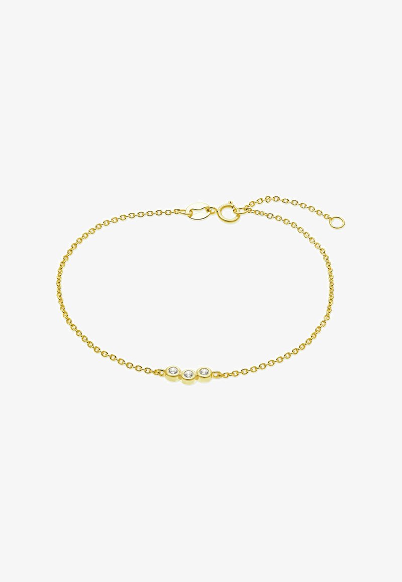 Bracciale a catena in oro delicato con tre piccole diamanti rotondi incastonati in inserti d'oro, dotato di chiusura a molla e maglie regolabili.