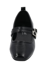 Black synthetic shoe with a rounded toe, two adjustable straps featuring square silver buckles, and a smooth, glossy finish.