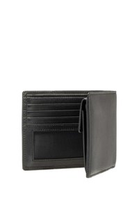Portafoglio in pelle nera con più slot per carte, una finestra ID in rete e un design a pieghe, che mostra una superficie liscia e linee pulite.
