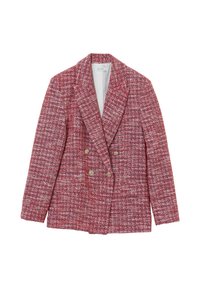 Blazer doppiopetto rosso in tweed con finitura testurizzata, rever a lancia e bottoni metallici. Presenta due tasche frontali e una vestibilità sartoriale.