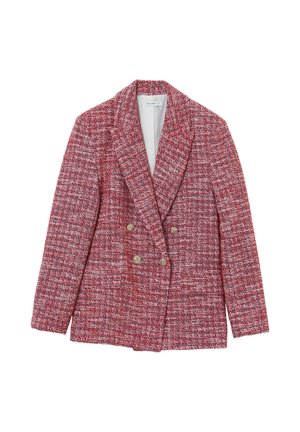 Roter Tweed-Doppelreiher-Blazer mit strukturierter Oberfläche, Reverskragen und metallischen Knöpfen. Verfügt über zwei aufgesetzte Taschen und eine taillierte Passform.