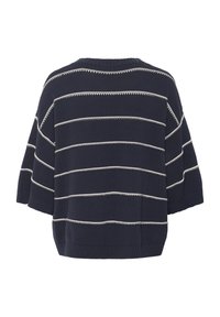 Marineblauer Strickpullover mit weißen horizontalen Streifen, weiten kurzen Ärmeln und geripptem Saum. Verfügt über einen runden Ausschnitt und einen offenen Rücken.