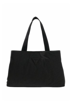 Sac fourre-tout noir en matériau doux avec un logo triangulaire sur le devant. Il possède deux poignées robustes et une forme rectangulaire simple.