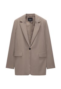 Blazer beige realizzato in tessuto morbido, con colletto a revers, chiusura a un bottone e due tasche applicate frontali.
