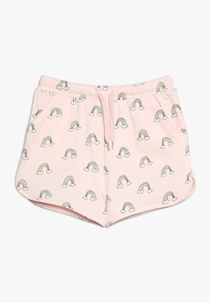 Shorts en coton rose avec taille à cordon de serrage, ornés d'un motif de petits arcs-en-ciel et de nuages. Design léger et respirant.