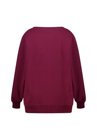 Oversized sweatshirt met lange mouwen in effen bordeauxrood, met ribgebreide boorden en onderrand, van achteren weergegeven op een witte achtergrond.
