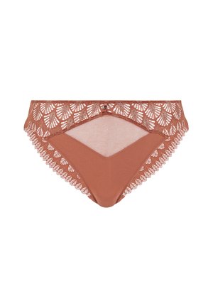 Slip bikini de couleur rose avec une ceinture en dentelle transparente ornée d'un bord festonné et d'un motif géométrique. Tissu lisse pour le corps.