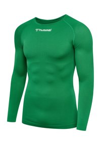 Grünes, langärmliges Sportshirt aus dehnbarem Material. Es verfügt über ein figurbetontes Design mit rundem Kragen und dezentem Branding auf der Brust.