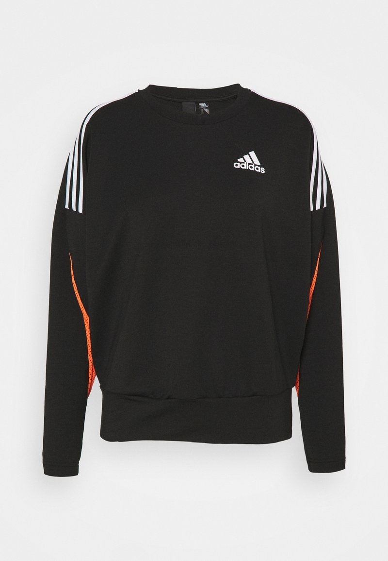 Sweatshirt noir à manches longues, ourlet côtelé, logo Adidas sur le devant, rayures blanches sur les épaules et accents en mesh orange sur les côtés.