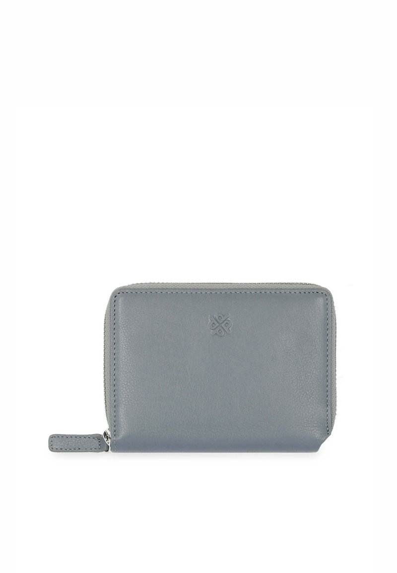 Gray leather wallet with a textured finish, rectangular shape, zipper closure, and embossed logo on the front. Compact and practical design.