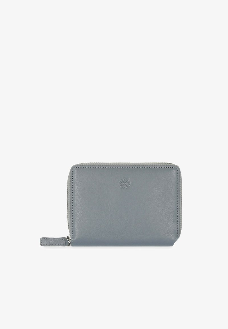 Gray leather wallet with a textured finish, rectangular shape, zipper closure, and embossed logo on the front. Compact and practical design.