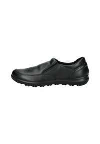 Black leather slip-on shoe with a rounded toe, textured upper, elastic side panels, and a rubber sole featuring a grip pattern.