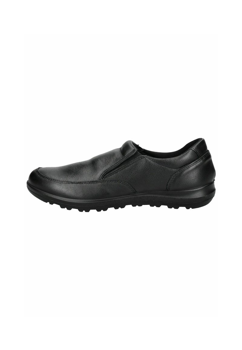 Black leather slip-on shoe with a rounded toe, textured upper, elastic side panels, and a rubber sole featuring a grip pattern.
