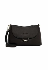 Borsa a tracolla in pelle nera con una texture liscia, pattina curvilinea, hardware in argento e un dettaglio a forma circolare. Inclusa una tracolla regolabile.