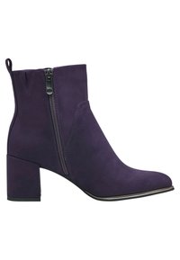 Bottine en daim violet avec un talon bloc, dotée d'une fermeture éclair sur le côté et d'une finition lisse. Les accents incluent une bordure métallique au niveau de la semelle.