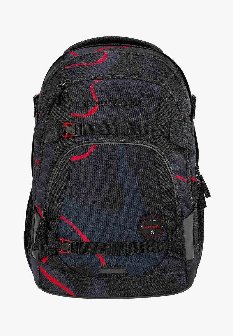 Black backpack with red abstract pattern, featuring padded straps, multiple compartments, a round logo patch, and adjustable side straps.