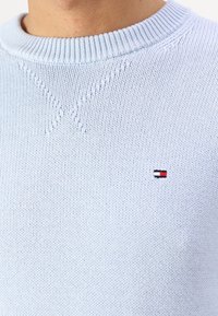 Pull tricoté bleu clair avec un col ras du cou côtelé. Présente des détails texturés subtils et un petit logo brodé sur la poitrine.