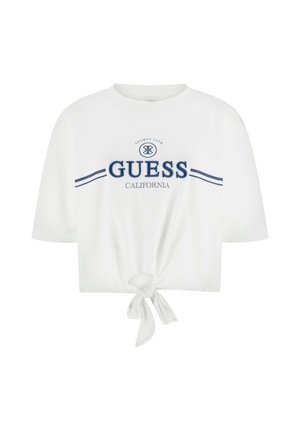 T-shirt blanc court avec texte et logo bleu marine « GUESS California Sports Club », avec nœud noué à l'avant et manches courtes.