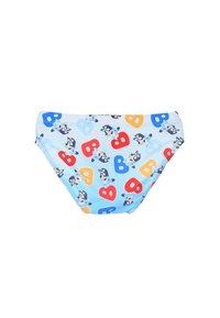 Męskie kąpielówki dla dzieci w jasnoniebieskim kolorze, z wzorami postaci z kreskówek i kolorowymi literami w czerwonym, pomarańczowym i niebieskim. Elastyczny materiał syntetyczny.