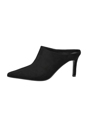Mule de ante negro con tacón alto, punta afilada y tacón de aguja fino, estilo slip-on para moda femenina.