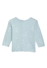 Ljusblå långärmad skjorta med moln- och stjärnmönster. Har ribbad textur och vågig nederkant. Material i bomullsblandning.