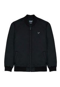 Giubbotto bomber nero con zip frontale, colletto e polsini a coste, due tasche laterali e un piccolo logo sul petto. Tessuto elegante e liscio.