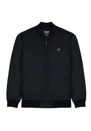 Sort bomberjakke med lynlås foran, ribbet krave og manchetter, to sidelommer og et lille logo på brystet. Glat stofstruktur.