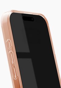 Przezroczyste etui na telefon z różowo-złotą krawędzią, z czarnym ekranem, przyciskami głośności i wycięciem na aparat, prezentujące gładkie, błyszczące wykończenie.