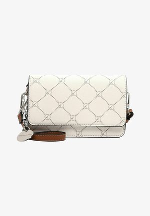 Sac bandoulière en simili cuir blanc avec motif matelassé et design géométrique gris. Caractéristiques d'une bandoulière en cuir brun et d'accessoires en métal argenté.