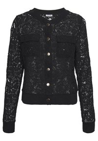 Musta pitsineule cardigan pitkillä hihoilla, pyöreällä kaula-aukolla, napitus, kaksi rintataskua sekä resorireunat hihansuissa ja helmassa. Sisältää kukkakuvioista pitsiä.