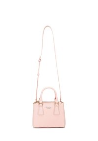 Roze leren handtas met een gestructureerde vorm, dubbele handvatten bovenaan en een afneembare schouderriem. Bevat hardware en stiksels in goudkleur.