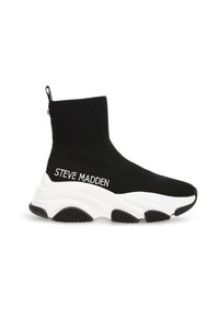 Sneaker noire de style chaussette avec une tige côtelée, semelle blanche contrastante et logo "STEVE MADDEN". Dotée d'une semelle texturée et d'un haut tige.