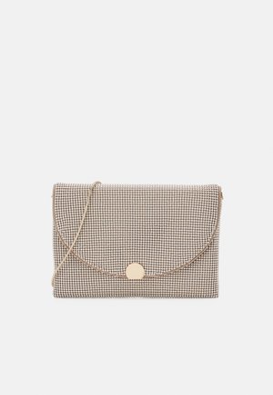 Brown and beige checkered clutch bag with a rounded flap, gold hardware detail, and a detachable strap. Textured fabric surface.
