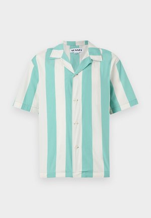 Camisa de manga curta com riscas verticais alternadas em verde hortelã e branco. Feita de um tecido leve, com colarinho clássico e fecho com botão.