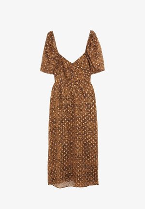 Robe midi à motif marron avec manches courtes bouffantes, décolleté en V profond et taille élastique. Tissu fluide et léger.