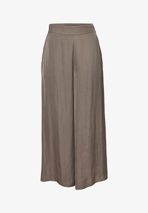 Wijde broek in een zachte, gedempte taupekleur. Gemaakt van een lichtgewicht stof met een gladde textuur en een elastische tailleband.