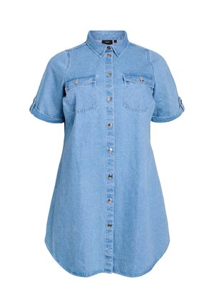 Lichtblauw spijkerjurkje met korte mouwen, twee borstzakken, knoopsluiting aan de voorkant en een afgeronde zoom.