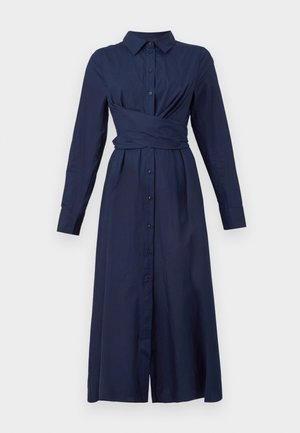 Navy blue button-down dress with a collar, long sleeves, and a twisted, ruched waist. Features a straight silhouette and knee-length hem.