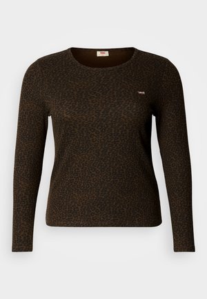 Brūns garām piedurknēm tops ar leoparda rakstu, apaļu izgriezumu un mazu logotipu uz krūtīm. Izgatavots no ribveida auduma ar tekstūru.