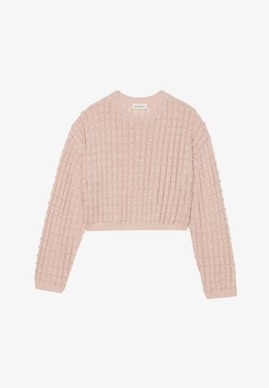 Fonal horgolt világos rózsaszín pulóver, bordázott textúrával, rövidített fazonban, hosszú ujjal és kerek nyakkivágással. Kiemelkedő nyitott munkával készült minta.