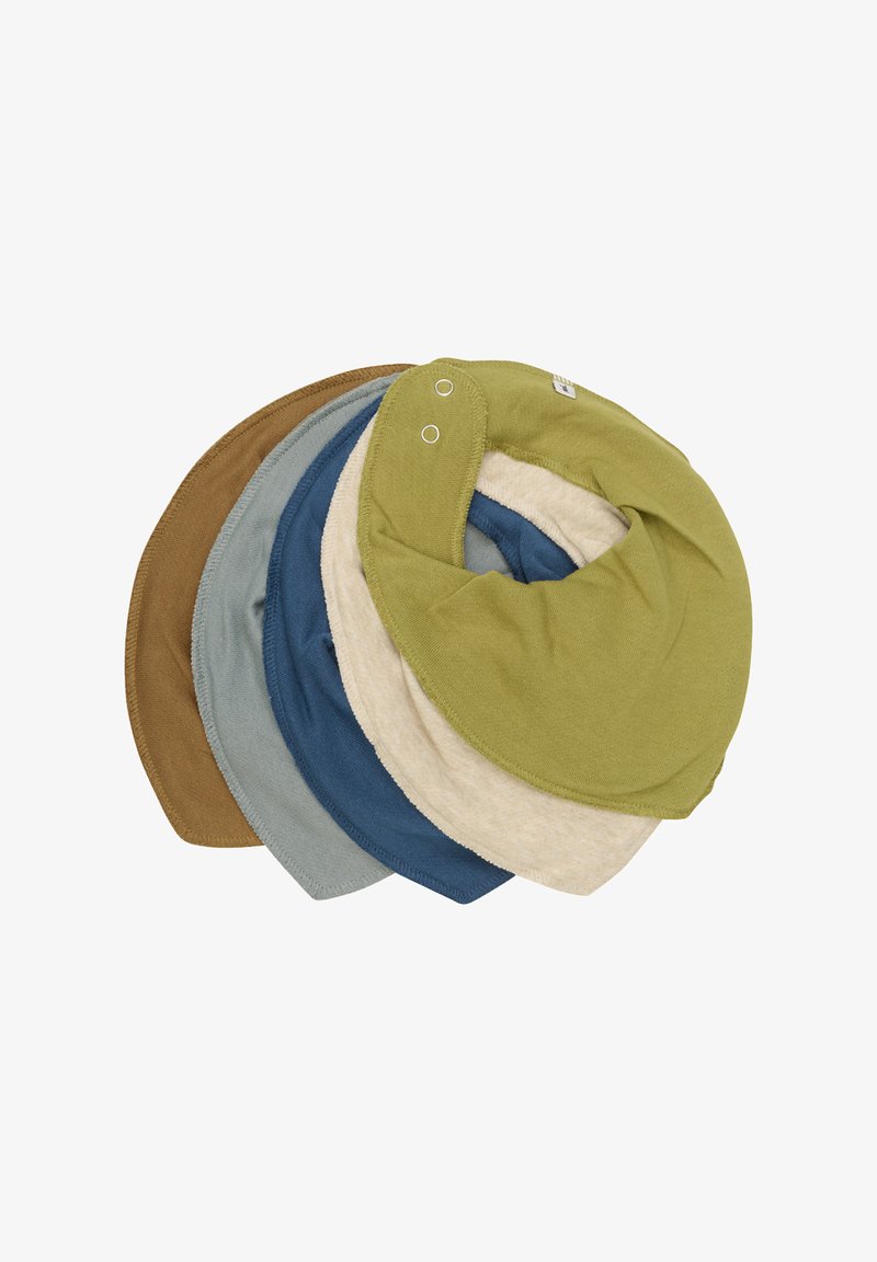 Stos pięciu miękkich śliniaków dla niemowląt w kolorach brązowym, zielonym, beżowym, niebieskim i szarym z zapięciem na napy na białym tle.