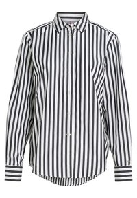 Camisa de botones a rayas blancas y negras, con mangas largas, cuello y dobladillo curvo. Hecha de un tejido suave, presenta cierres de botón y detalles en los puños.
