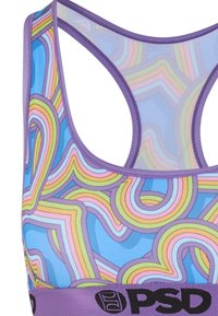 Soutien-gorge de sport violet avec un motif abstrait coloré comprenant des lignes ondulées en rose, vert et bleu. Bande élastique avec le logo "PSD".