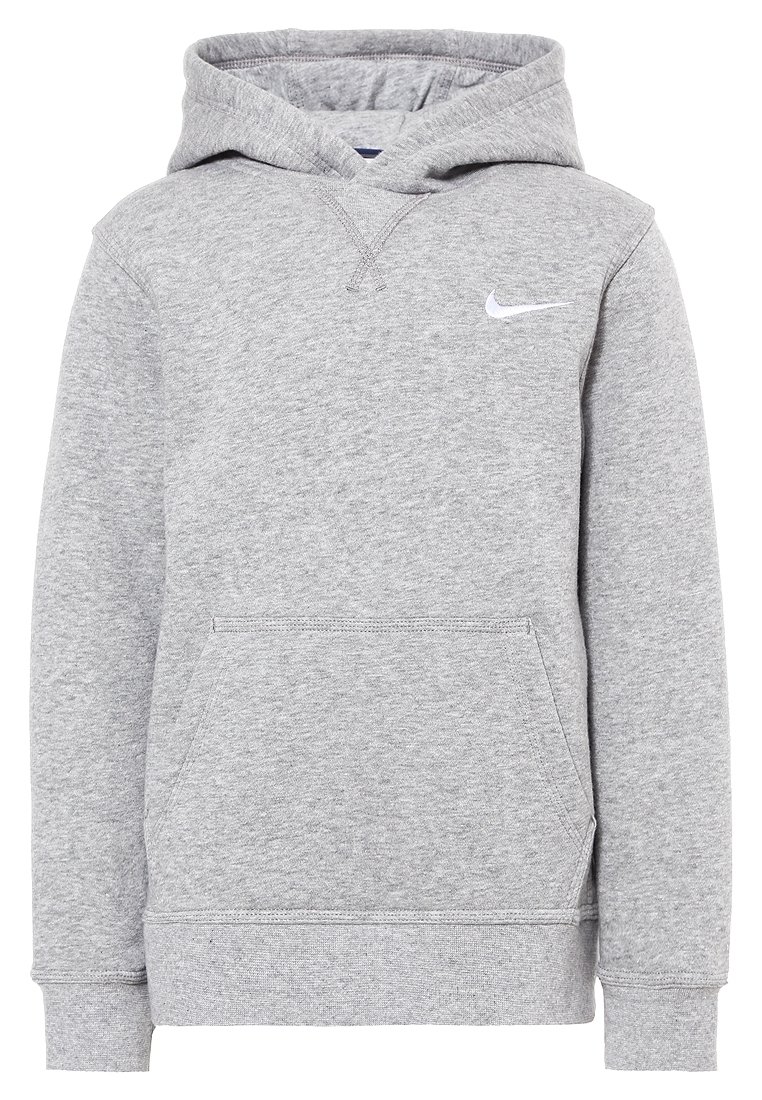 Světle šedá mikina s kapucí značky Nike, s klokaní kapsou, žebrovanými manžetami a malým bílým logem Nike swoosh na hrudi.