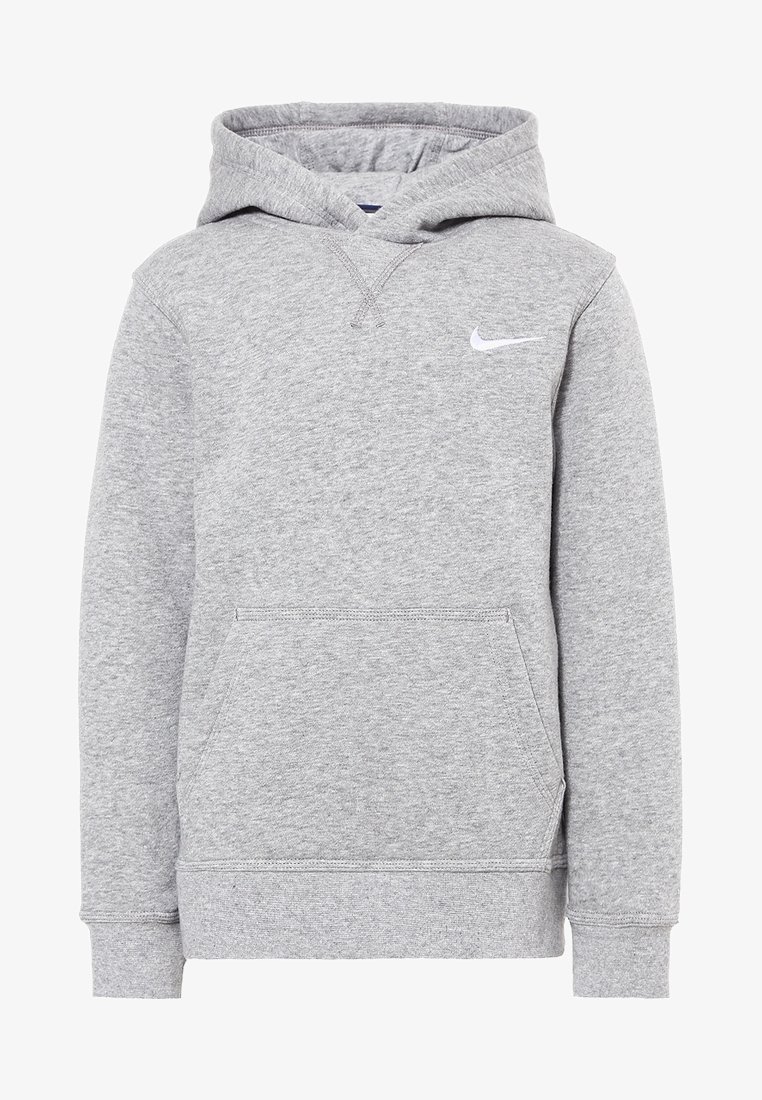 Světle šedá mikina s kapucí značky Nike, s klokaní kapsou, žebrovanými manžetami a malým bílým logem Nike swoosh na hrudi.